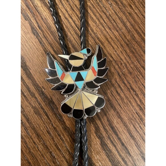 Other - VTG Zuni THUNDERBIRD NATIVE AMERICAN BOLO TIE-TURQUOISE Onyx Sterling MOP Coral